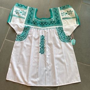 Embroidered Mexican Top, White and Teal